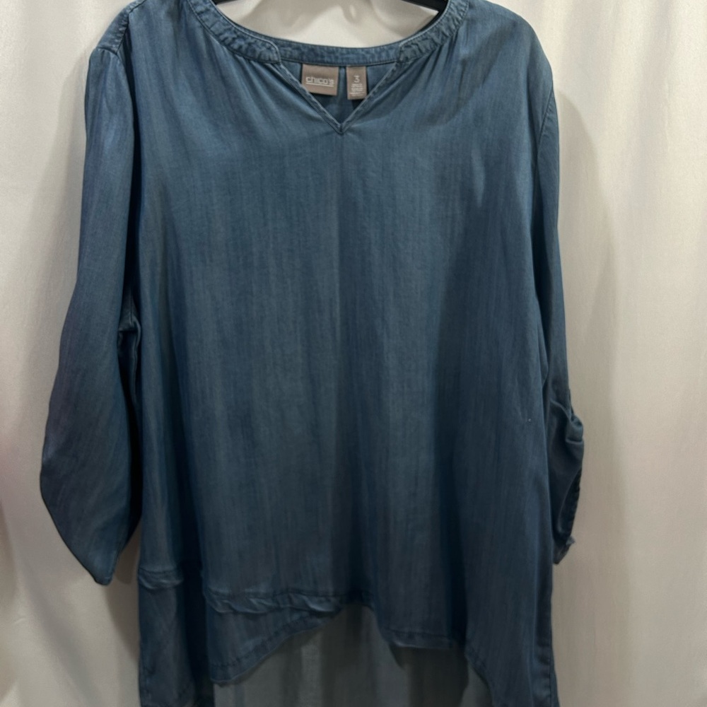 16 Chico's Denim Blue  chambray denim Tunic Top asymmetrical